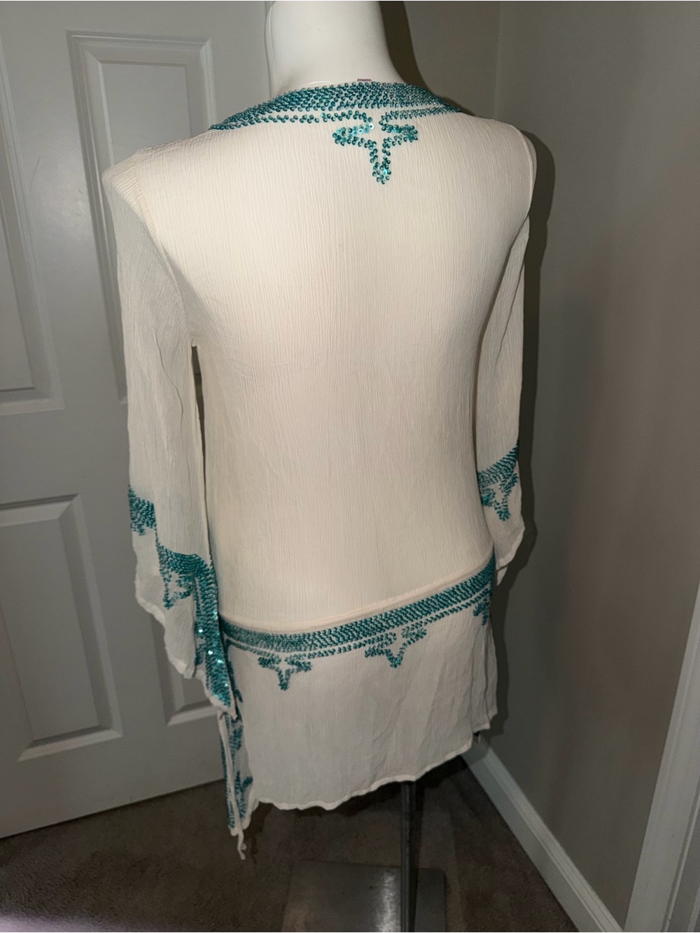 Calypso St. Barth 100% Silk White & Turquoise Sequined Beach Cover-Up Tunic - Picture 8 of 15